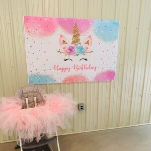Unicorn Happy Birthday Backdrop - Pink, Blue, Gold